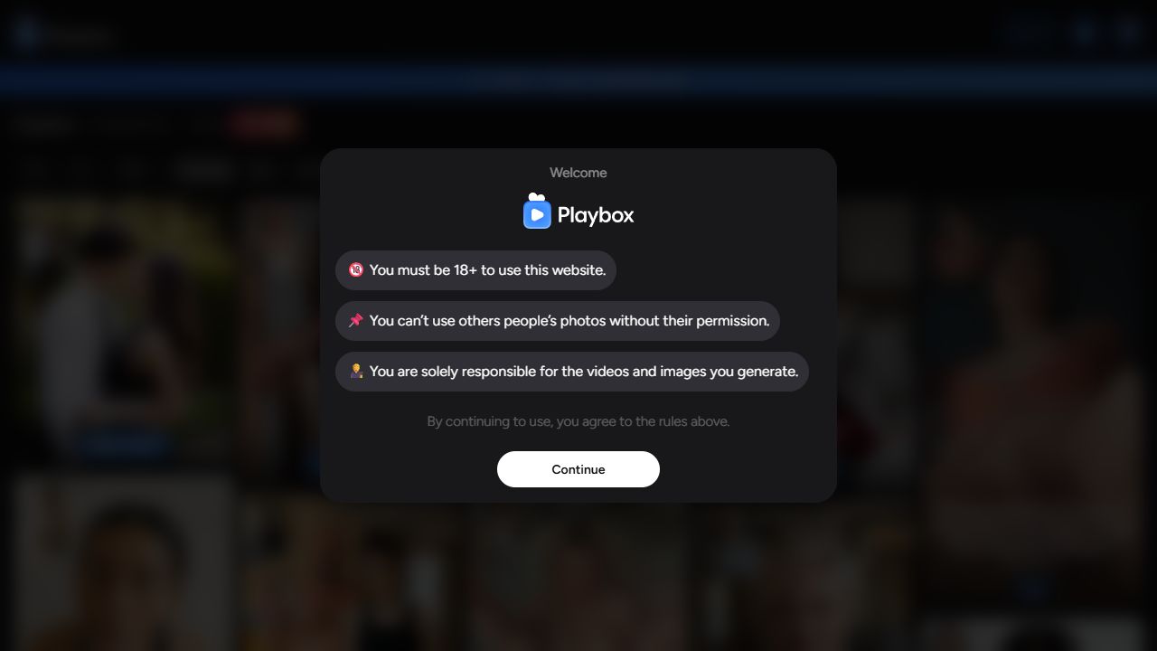 PlayBox's real entry screen, which places an 18+ and consent reminder in front of its community template library.