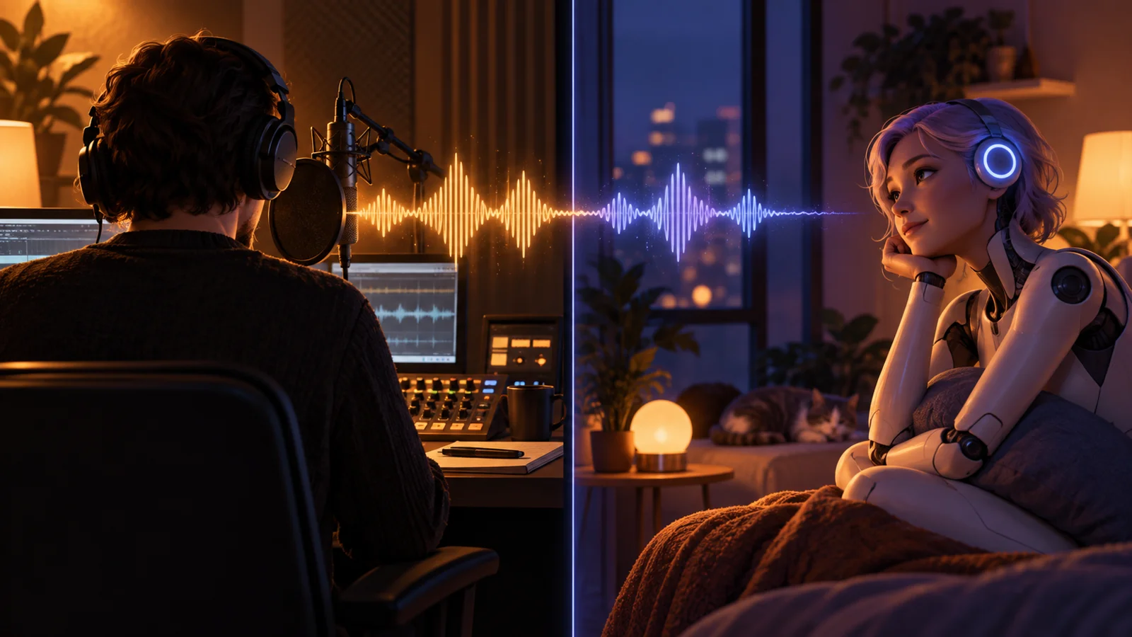 Conceptual illustration of a human voice performer communicating with an artificial companion in a private room