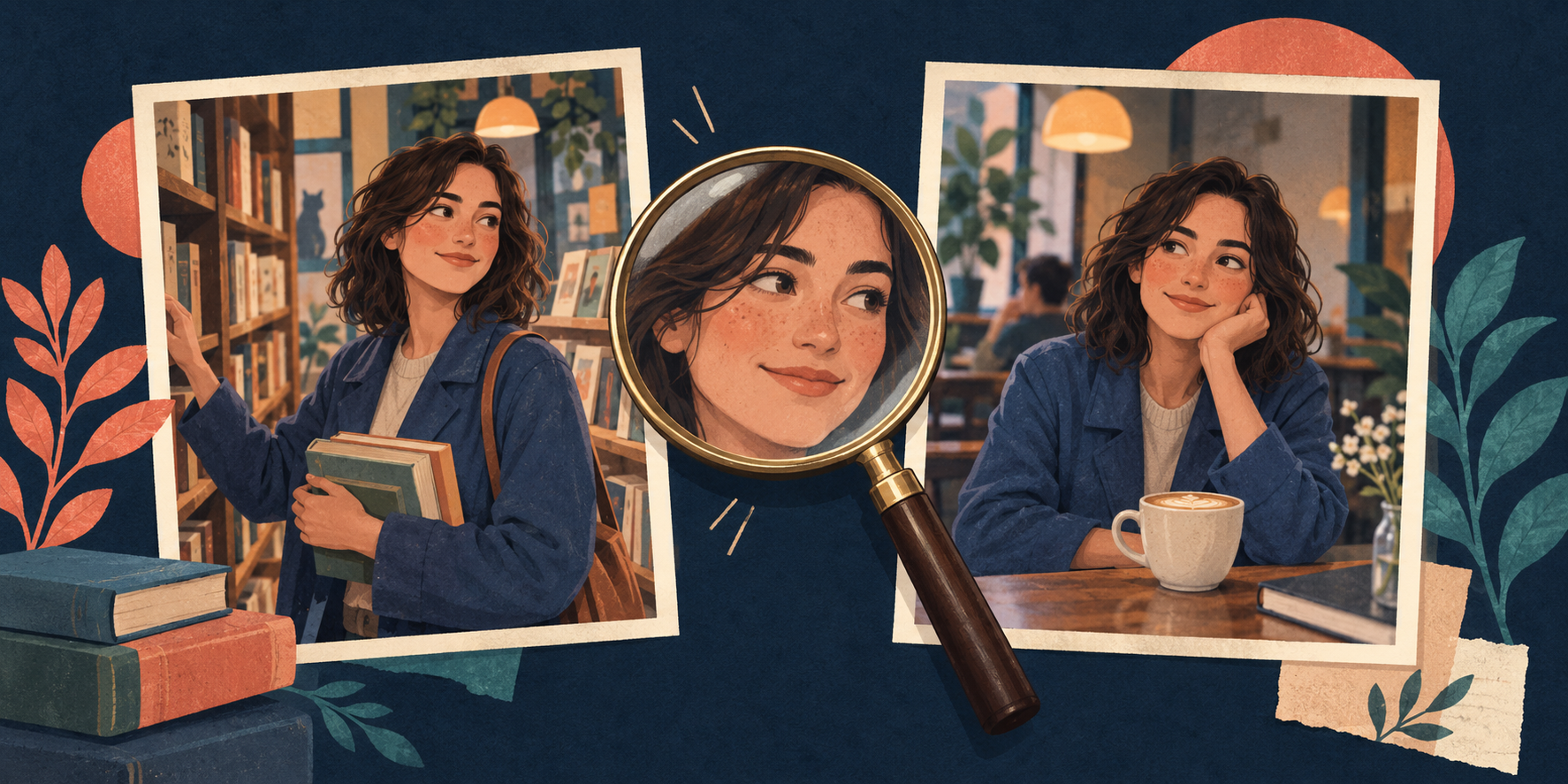Conceptual portraits of the same fictional adult in a bookshop and cafe, examined with a magnifying glass