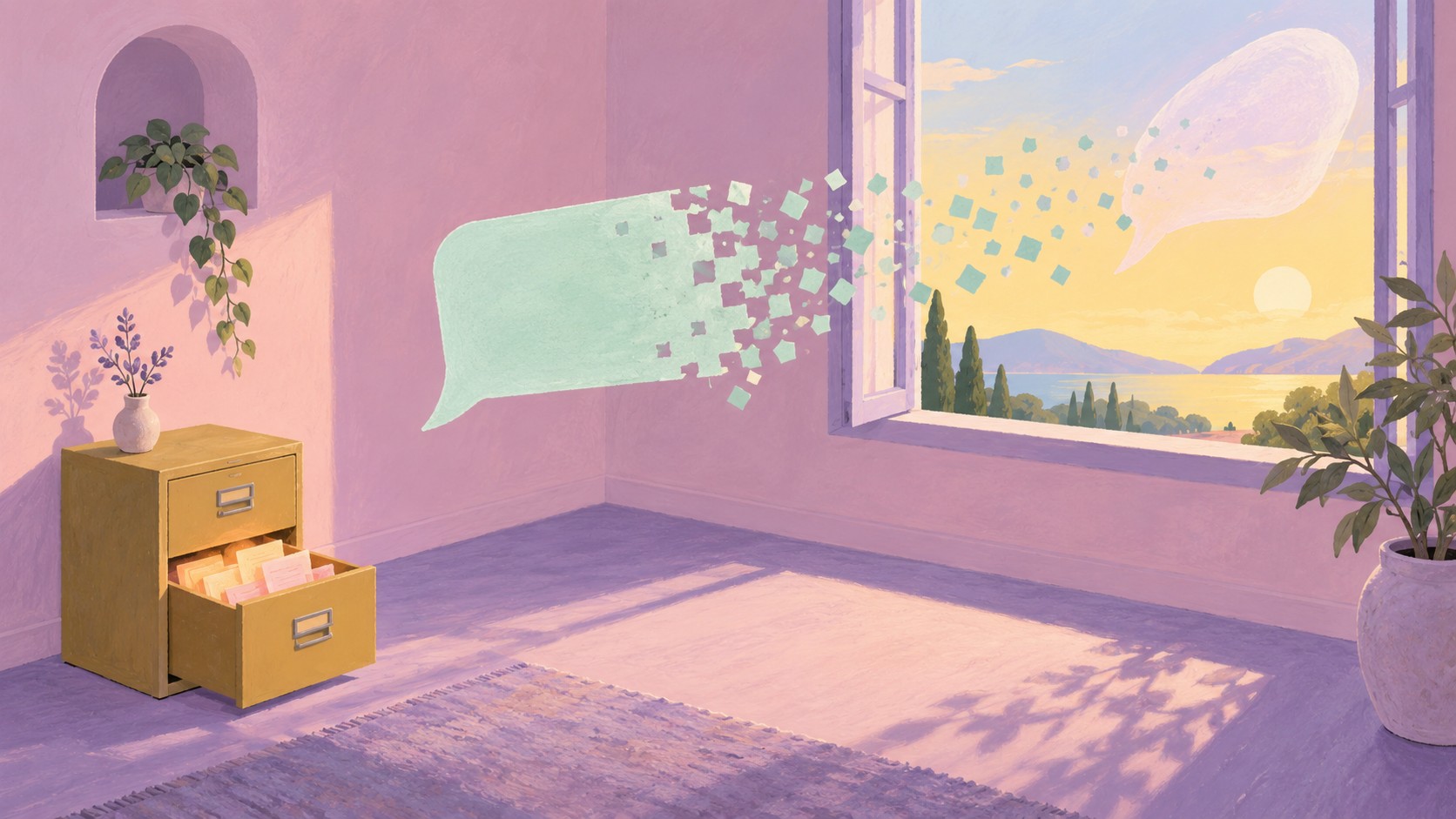 A chat bubble dissolves through an open window while notes remain in a filing cabinet, illustrating separate questions about chat removal and retained memory.