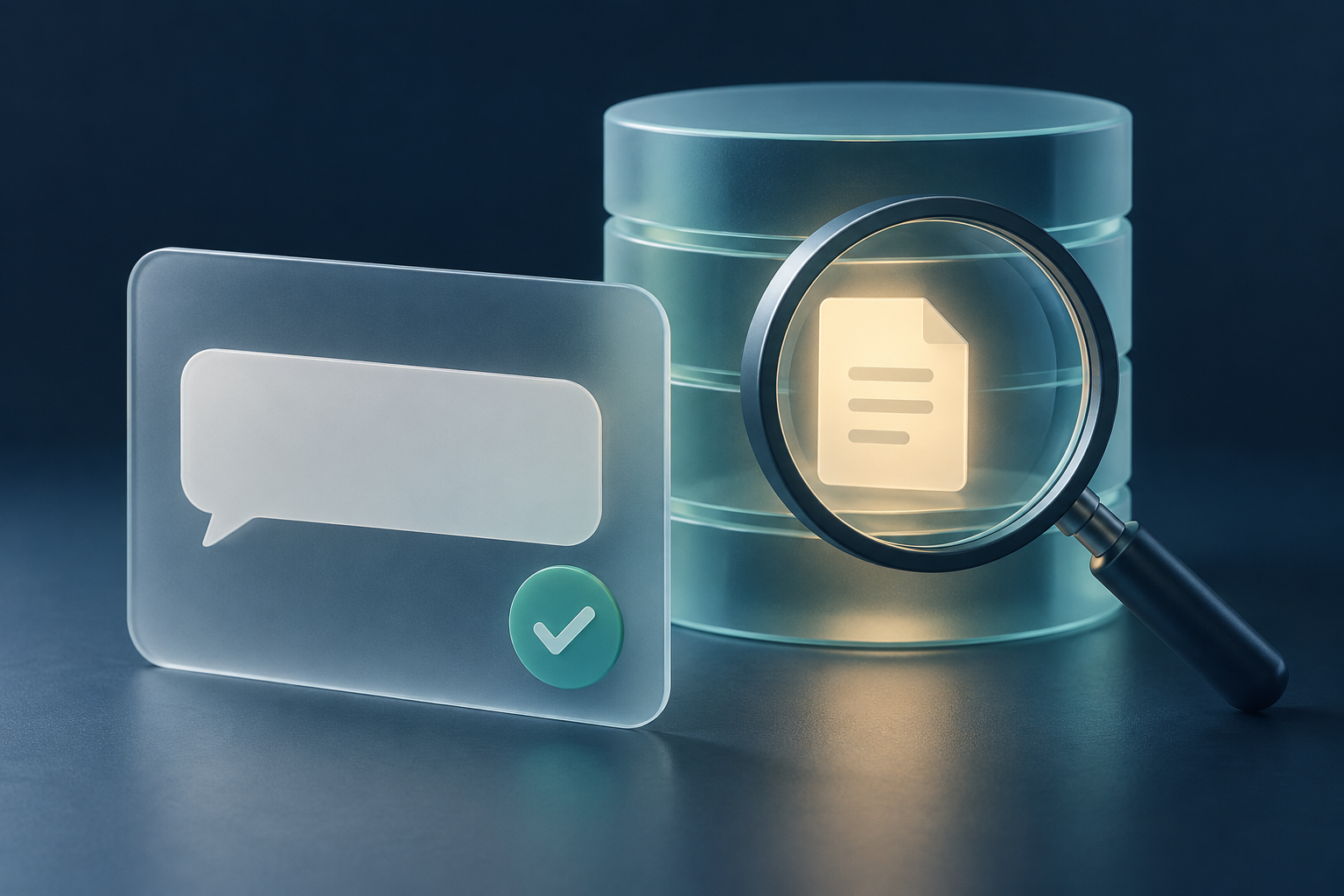 Conceptual chat confirmation beside a storage cylinder inspected with a magnifying glass