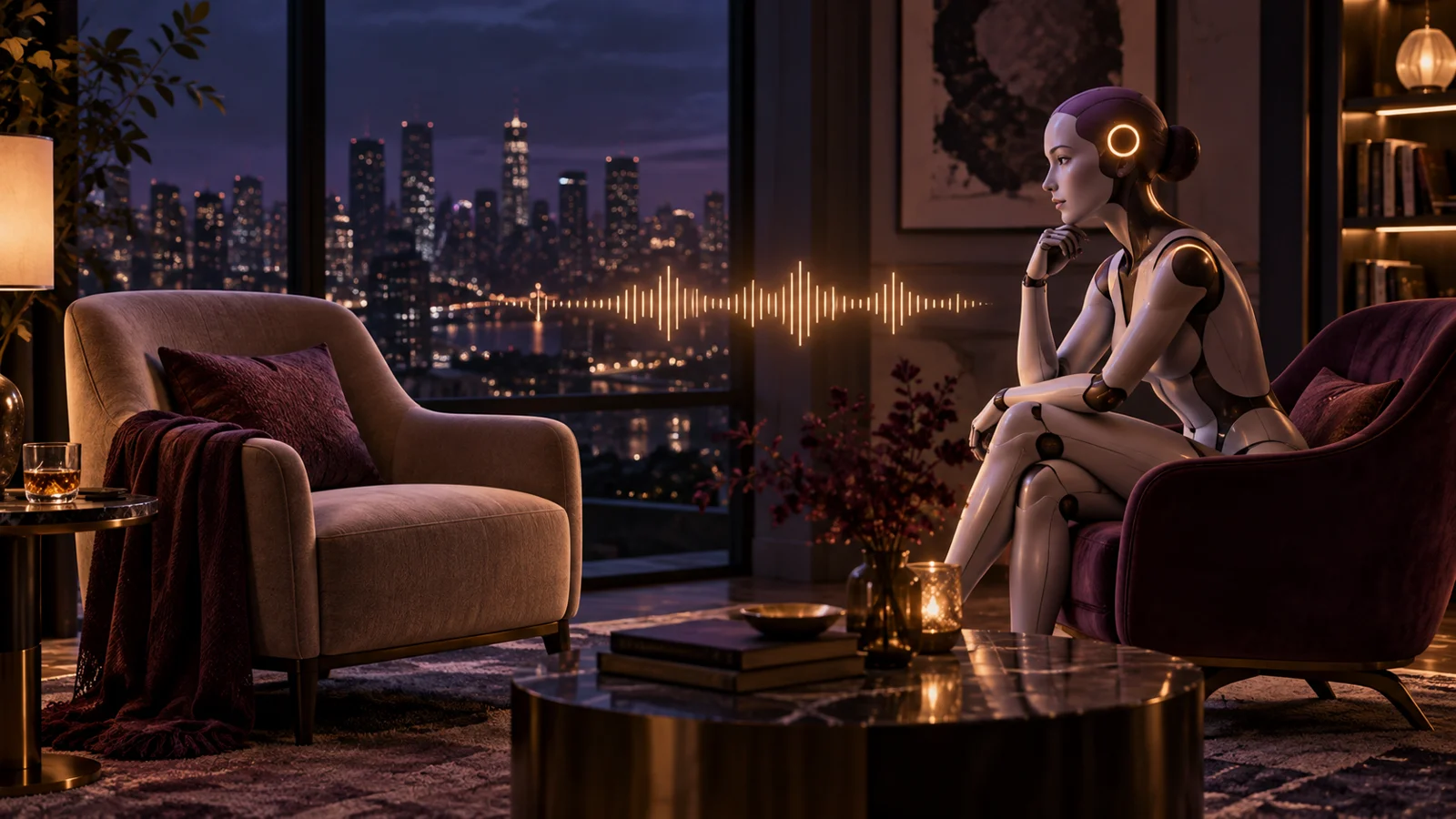 Conceptual illustration of an artificial companion across from an empty chair in a quiet lounge