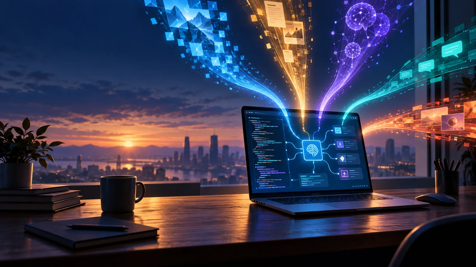 Dawn desk with an AI coding laptop and several streams of model releases converging