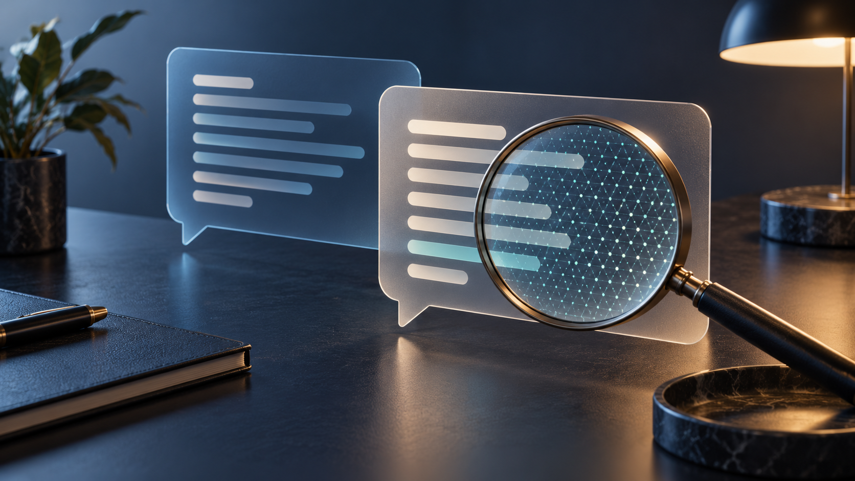 Conceptual chat cards and a magnifying lens revealing a subtle pattern within abstract text