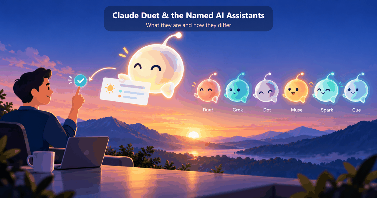 A wide editorial cover illustration of a sunrise mountain scene where a large glowing chat-orb assistant holds up a morning briefing card and a seated user approves it with a raised finger beside a green check, while a row of six smaller colored chat-orb assistants labeled Duet, Grok, Dot, Muse, Spark and Cue float on the right under the title 'Claude Duet & the Named AI Assistants'.