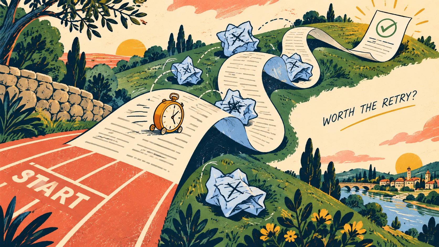 A stopwatch travels along a winding receipt past discarded drafts toward a usable page, illustrating time, retries and cost per keeper.