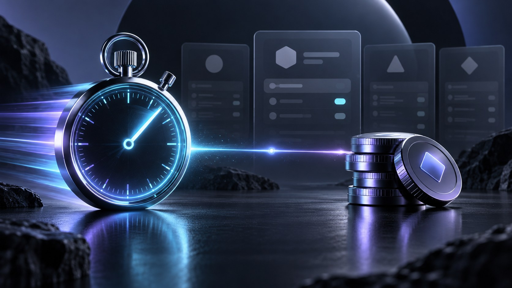 Illustrated stopwatch and credit tokens representing speed and cost comparisons