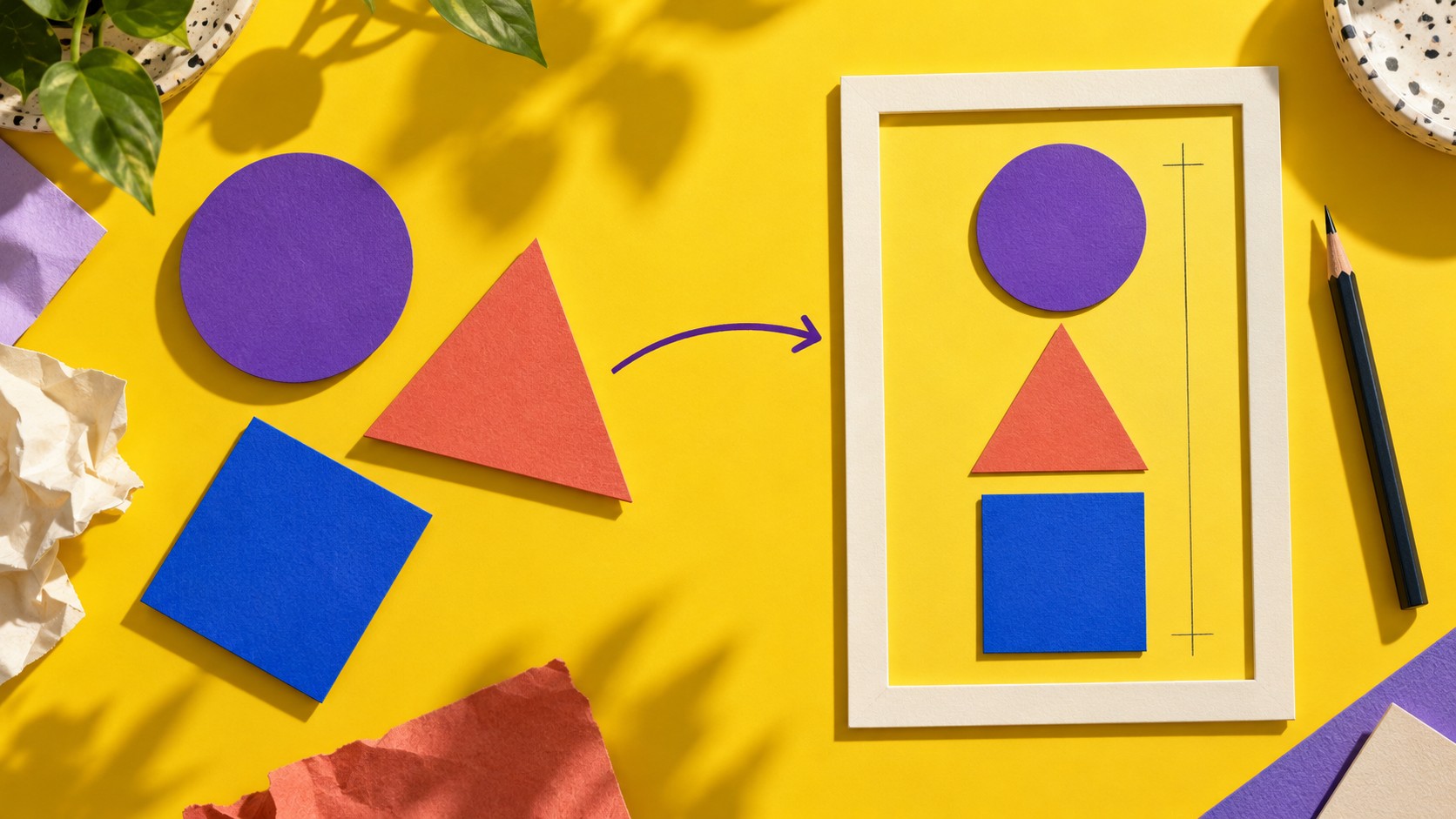 Colored paper shapes move from a scattered arrangement into an aligned frame, illustrating checks of object placement and composition.