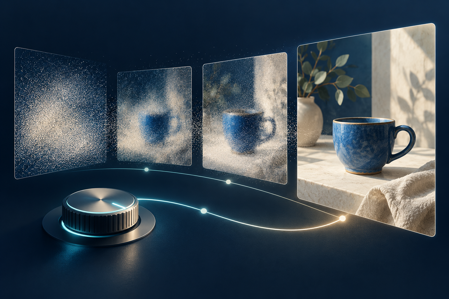 Conceptual illustration of a steering dial guiding noisy pixels into a blue cup image