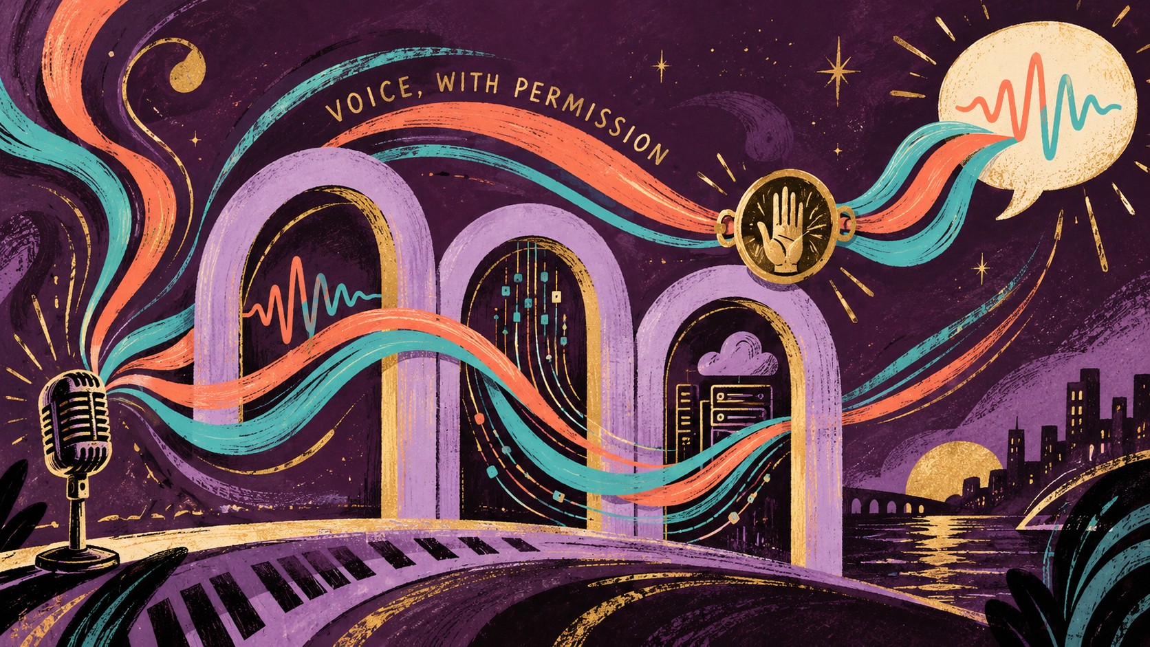 Sound ribbons flow from a microphone through arches and a consent clasp into a speech bubble, illustrating voice-service permissions.