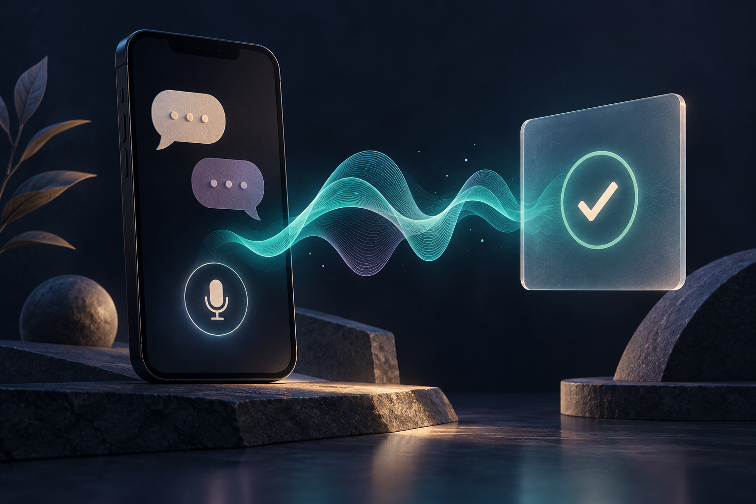 Conceptual smartphone and synthetic sound wave beside a voice verification card