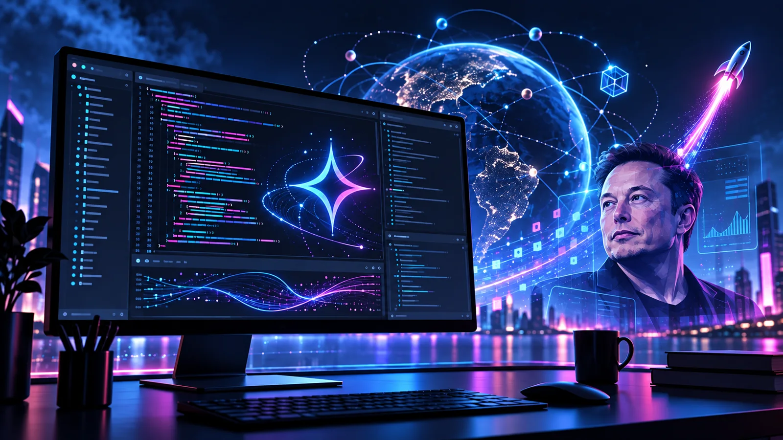 Editorial illustration of Elon Musk beside a coding-agent dashboard and abstract AI network for the Grok 4.7 launch