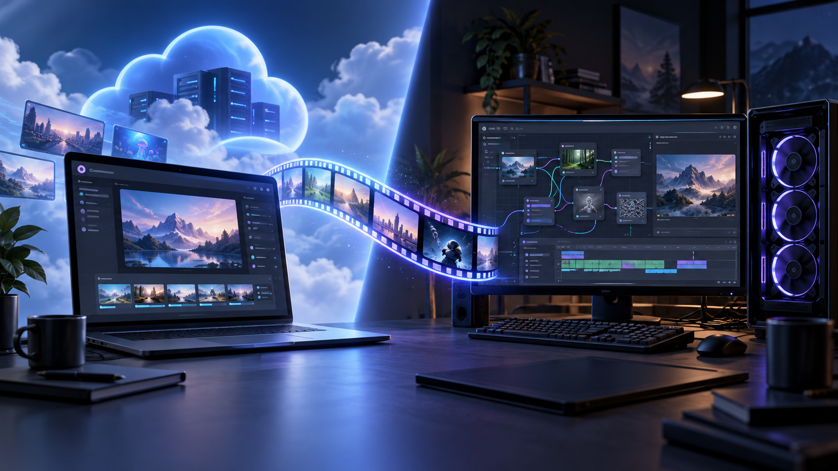Hosted and local AI video creation workflows connected by a filmstrip