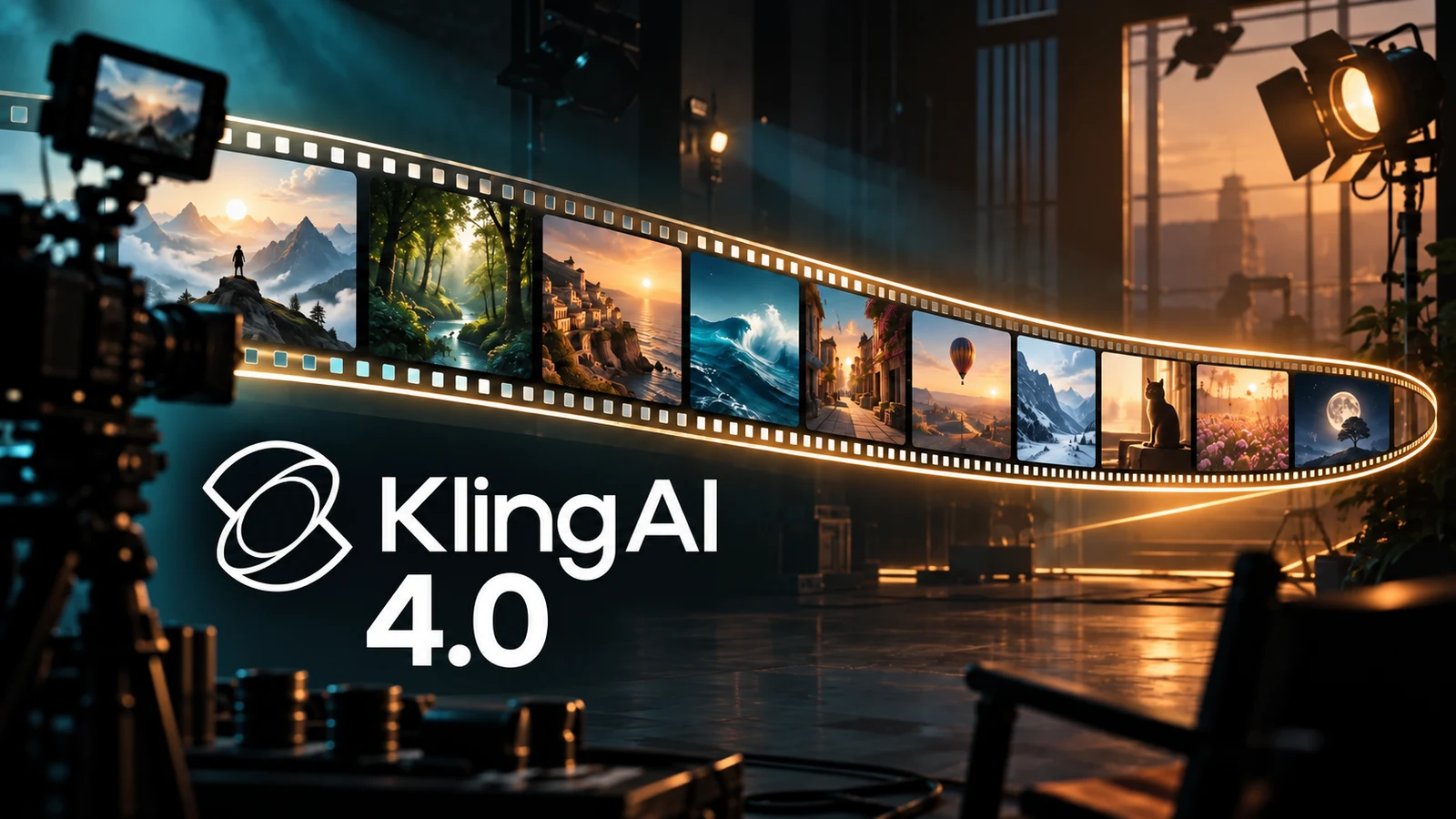 Editorial illustration of a luminous filmstrip in a video studio, representing Kling 4.0 keyframe control