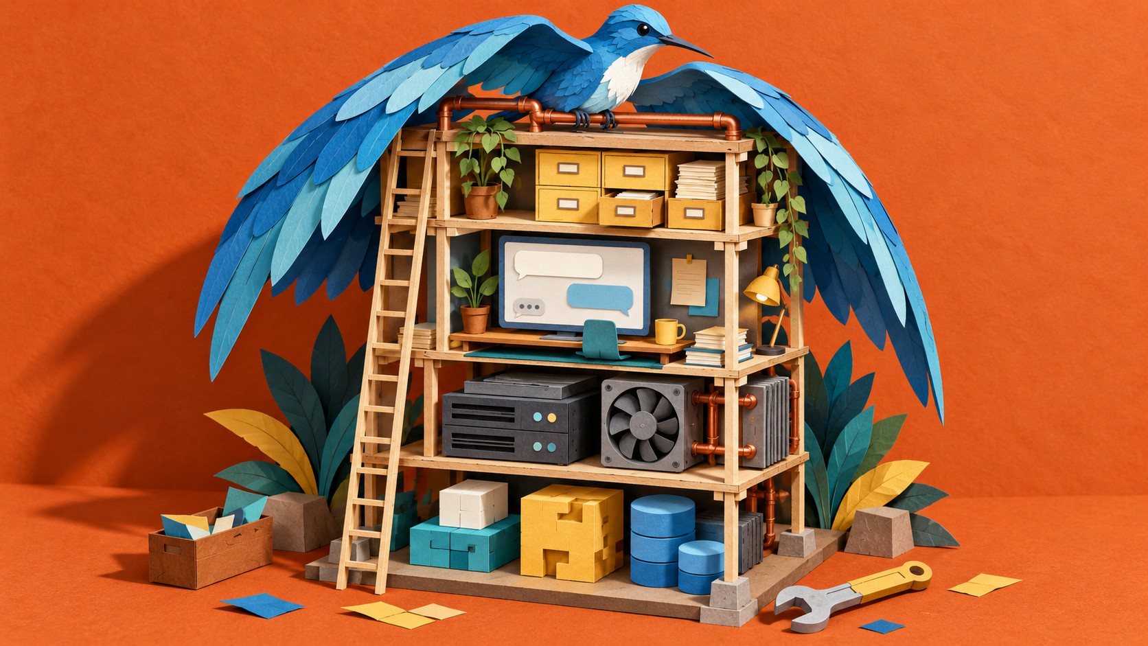 A paper hummingbird shelters a layered workshop containing model blocks, a server, chat interface and storage drawers, illustrating the components of self-hosted chat.
