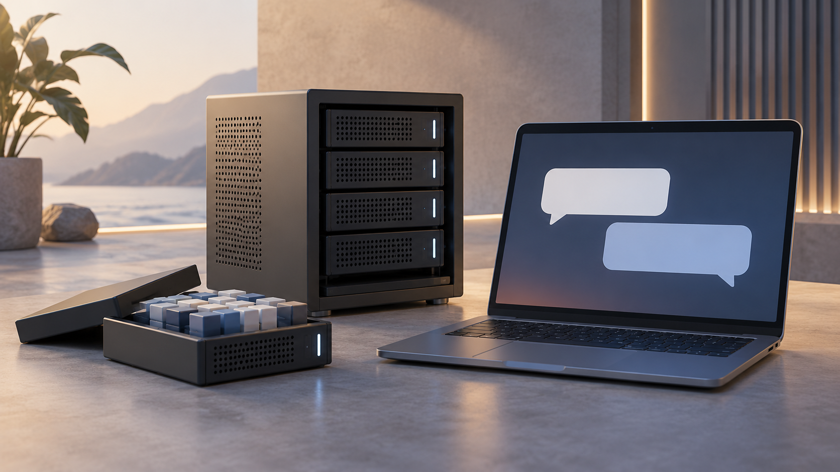 Conceptual server cabinet beside a laptop with blank chat bubbles and an open modular block representing downloadable weights