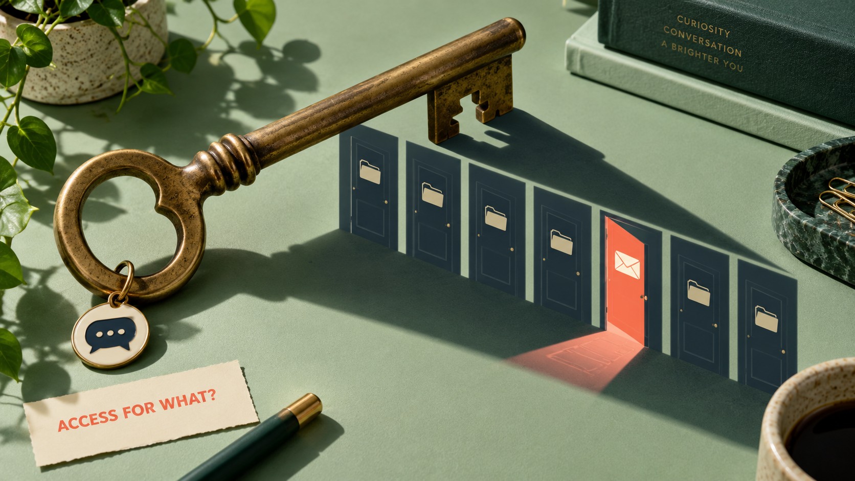 A brass key casts file-door shadows on a green desk, with one selected envelope illuminated, illustrating the scope of disk-access permissions.