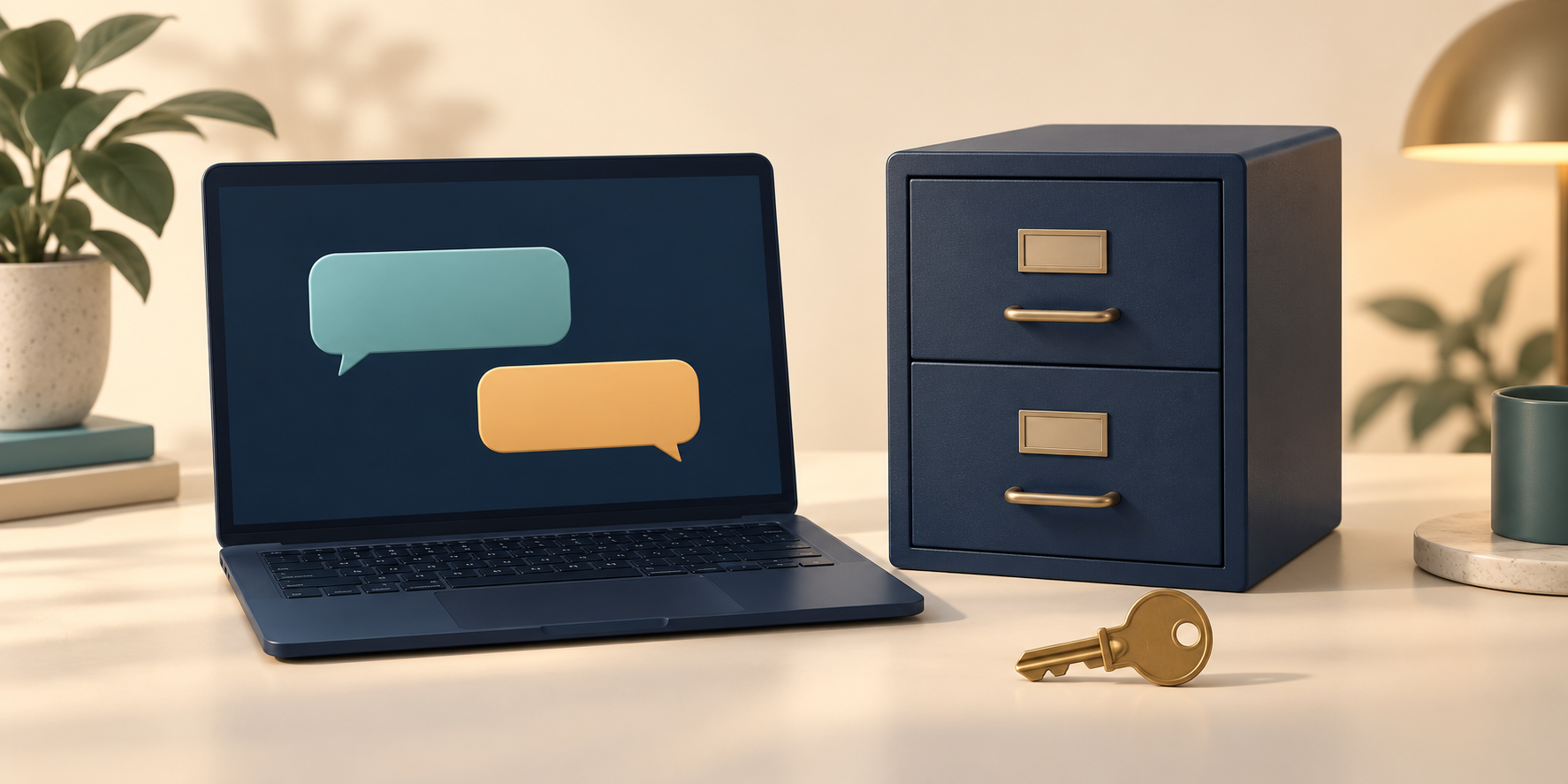 Conceptual unbranded laptop with empty chat bubbles beside a closed file cabinet and a permission key