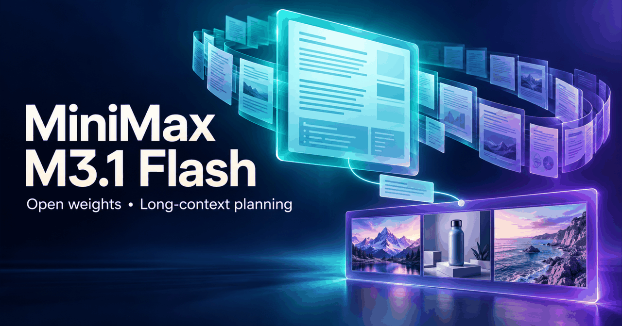 MiniMax M3.1 Flash cover with a glowing teal planning document surrounded by reference sheets, linked by a text-note card to a separate violet panel showing mountain, bottle, and coastal scenes.