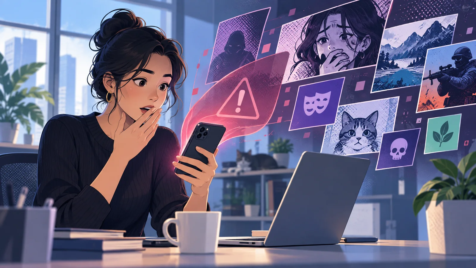 Adult office worker reacting to an unexpected sensitive-content warning on a phone