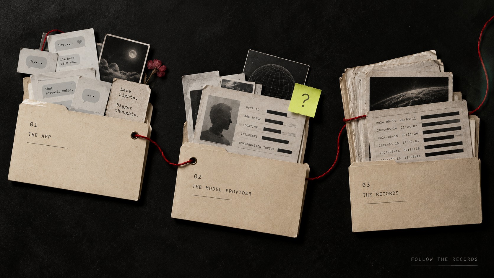 A red thread connects folders of chat slips, profile notes and records, illustrating a conceptual trail through an app and its providers.