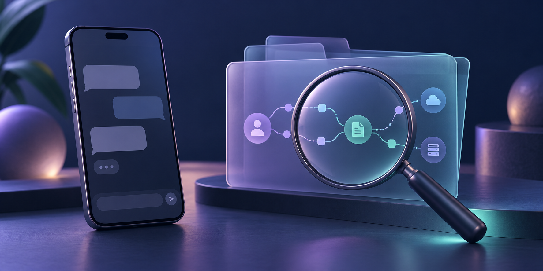 Conceptual phone with empty chat bubbles beside a magnifying glass examining a data-route folder