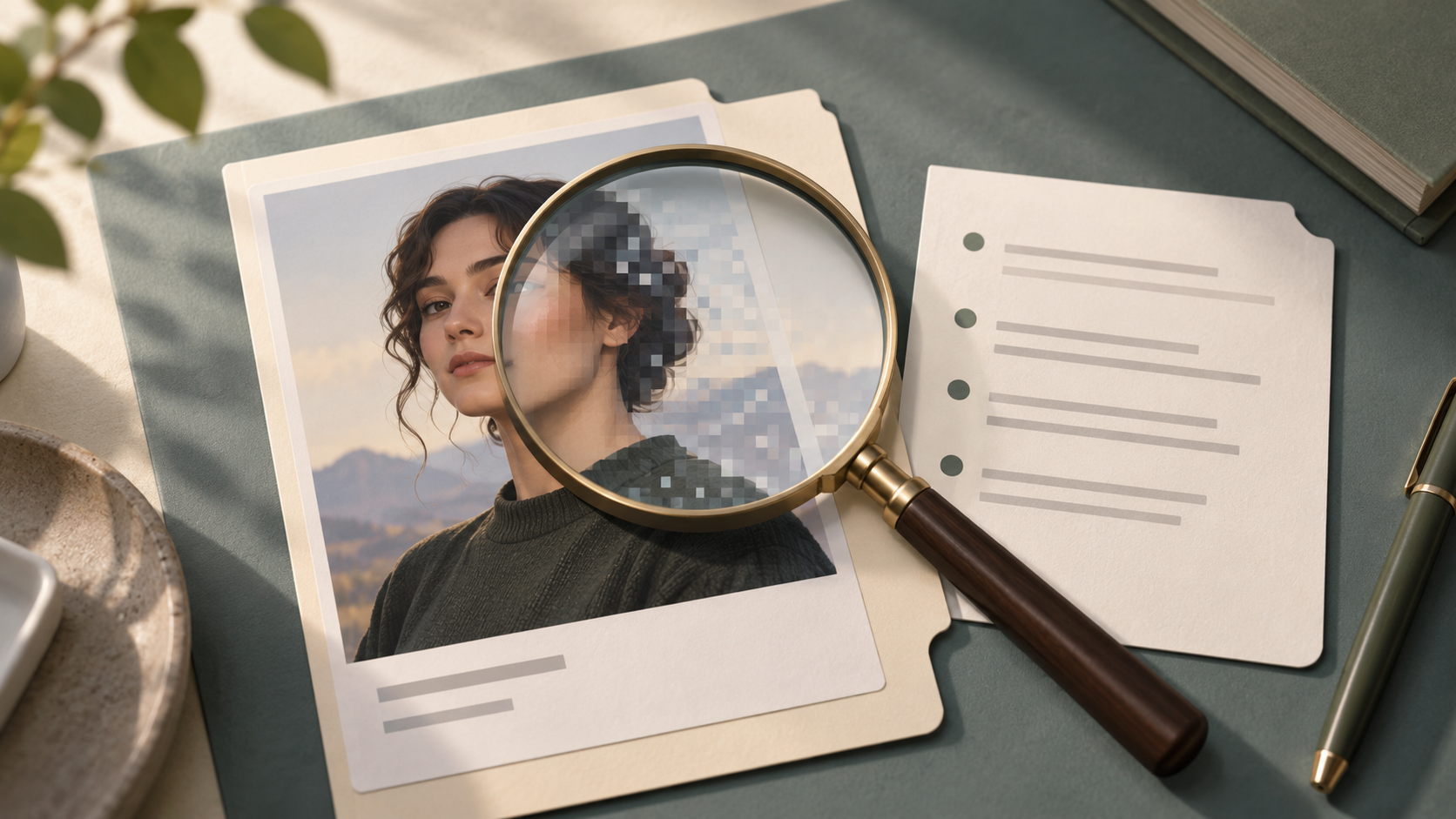 Conceptual magnifying glass examining a fictional adult portrait file beside an evidence document