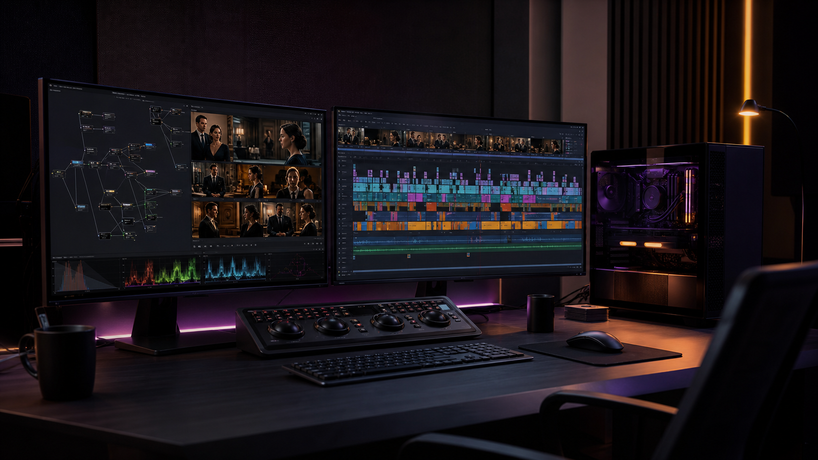 AI filmmaking edit suite with a dense shot timeline and local GPU workstation