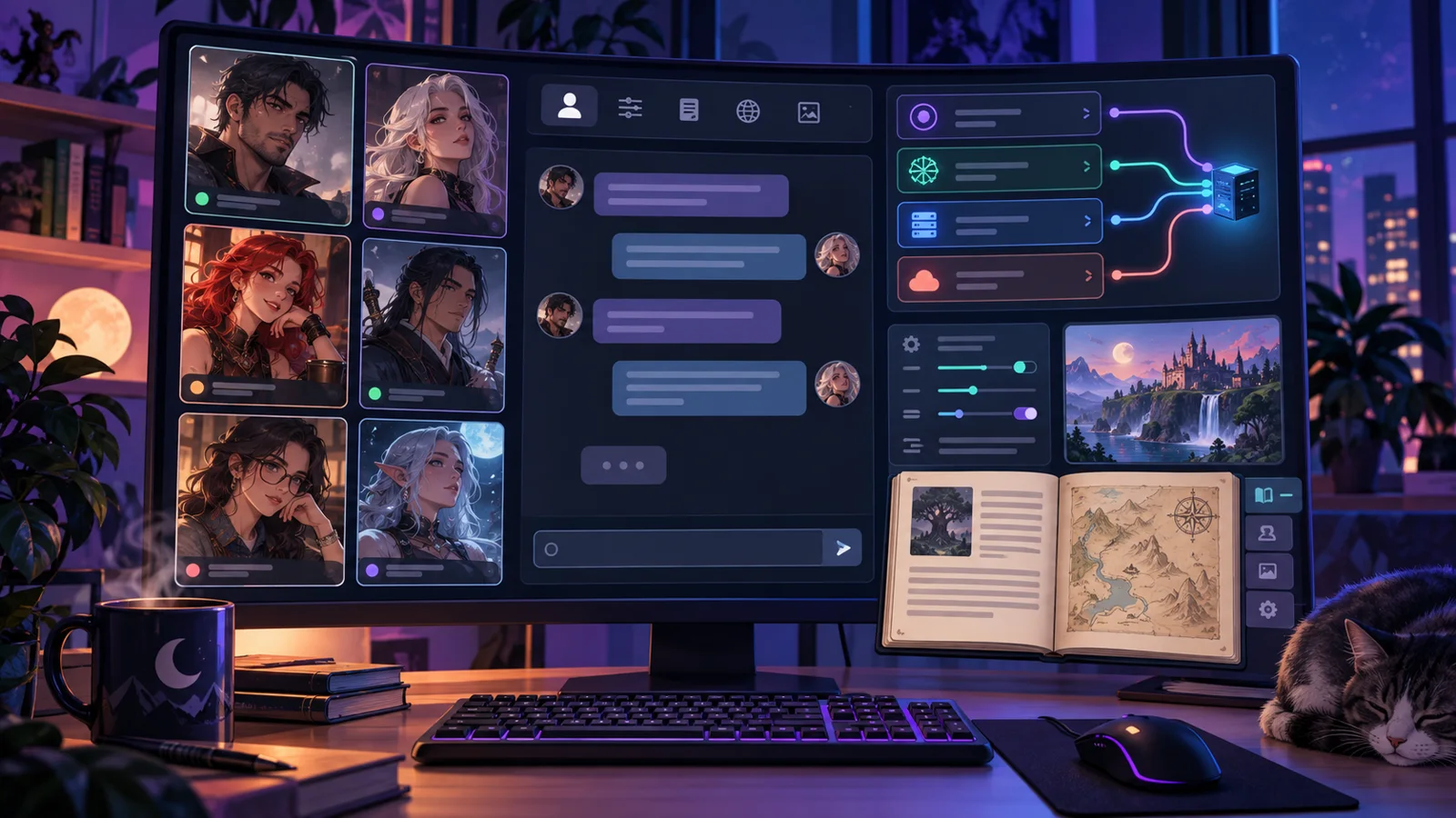 Customizable AI roleplay dashboard with character cards, model controls, chat, and a lorebook