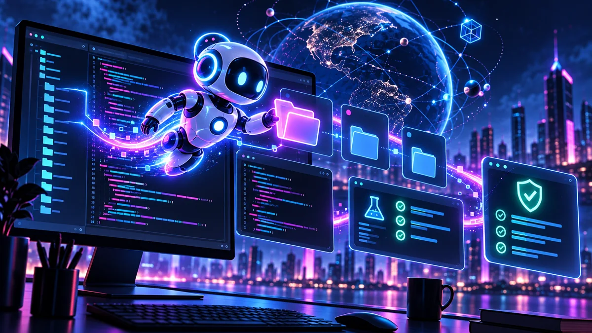 Original editorial illustration of an AI coding agent moving through a repository, terminal, tests, and verification checks