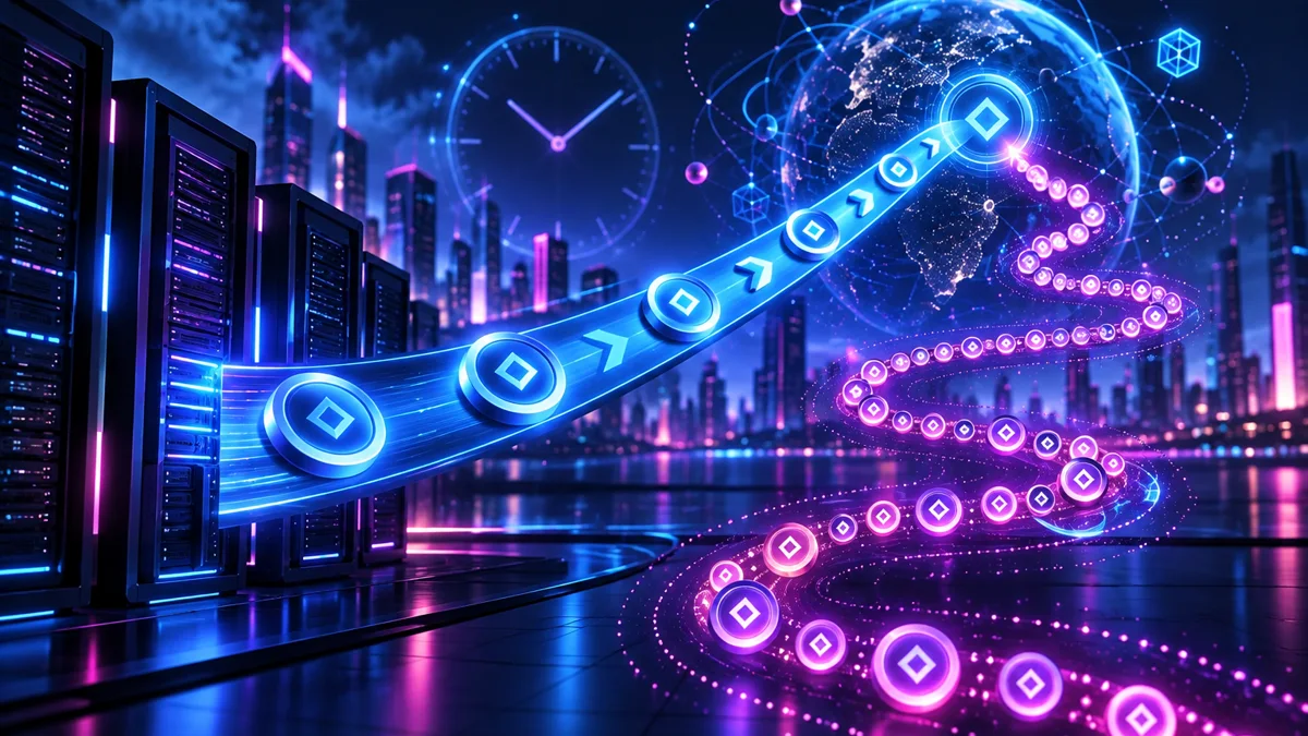 Original editorial illustration of token streams moving through efficient and long reasoning paths in a data center