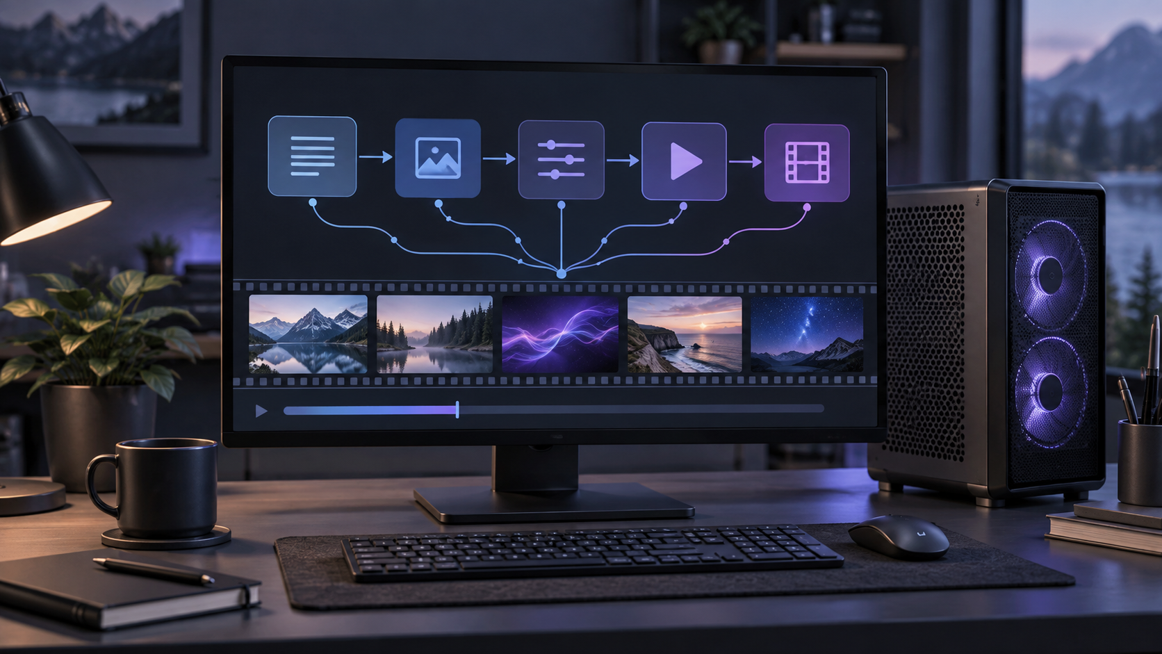 Local AI video workstation showing a node-based workflow, GPU tower, and filmstrip of generated frames