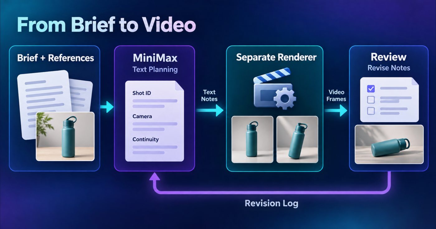 A four-stage workflow shows Brief + References flowing into MiniMax Text Planning, with Shot ID, Camera, and Continuity fields. Text Notes pass to a Separate Renderer, and Video Frames pass to Review. Teal water bottle images illustrate the product, while a purple Revision Log arrow returns from Review to MiniMax.