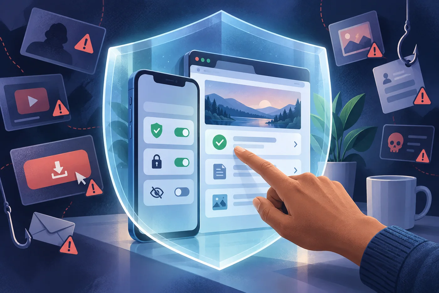 Phone and browser protected by a security shield from phishing links and suspicious downloads