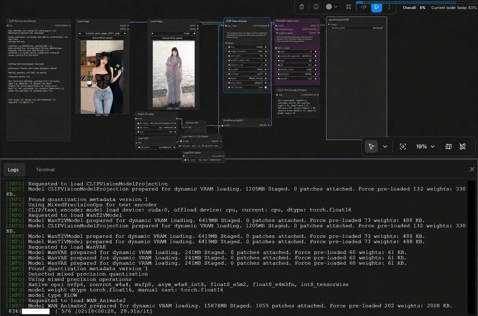 Wan-Animate-2-Workflow läuft innerhalb einer englischen ComfyUI-Schnittstelle