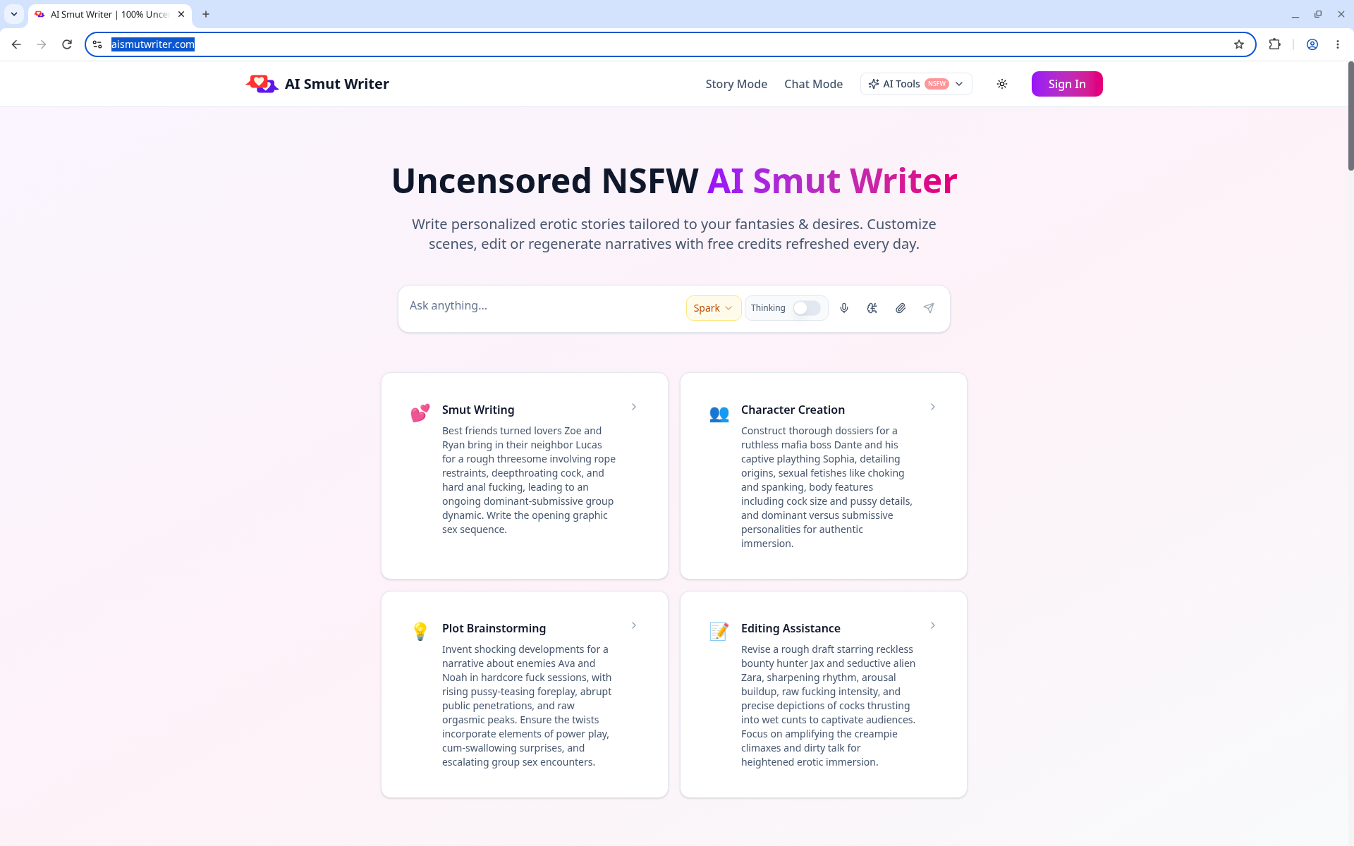 AI Smut Writer homepage with Story Mode, Chat Mode, AI Tools, and the prompt box