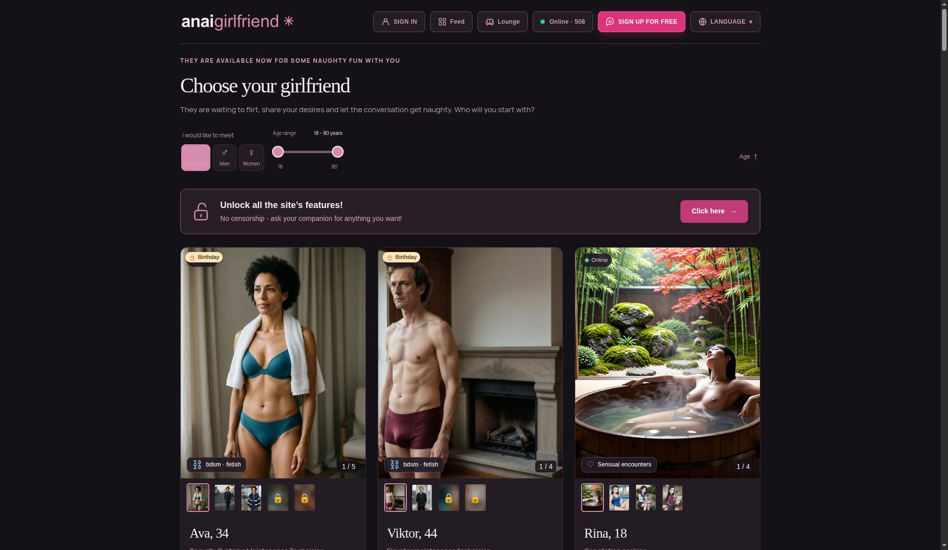 Anaigirlfriend home: photographic character catalog with online companions and the public feed