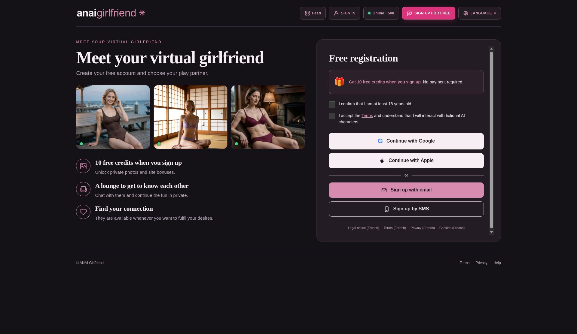Anaigirlfriend free registration: 10 free credits at sign-up, no payment required