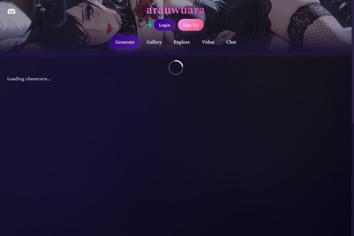 Arauwuara AI homepage displaying character-based image generation with style family and character source selection.