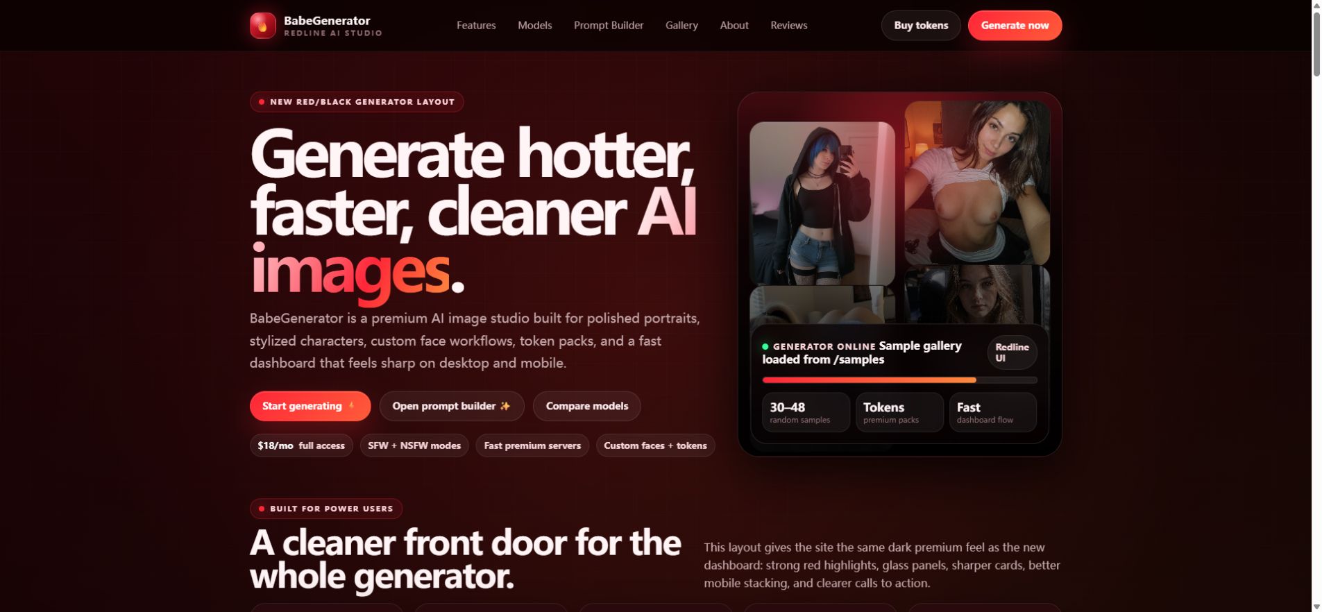 The red-and-black homepage lays out Generate now, Prompt Builder, and Compare models before the first scroll, with a rotating gallery of showcase images and the $18/month badge visible immediately.