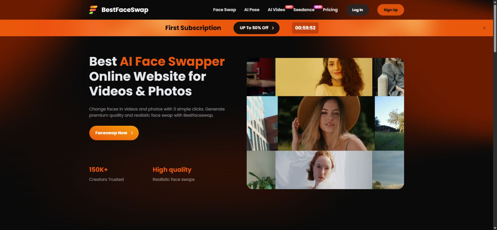 BestFaceSwap's homepage explains the entire workflow in three steps and separates single-photo, video and multi-face use before asking the user to process a file.