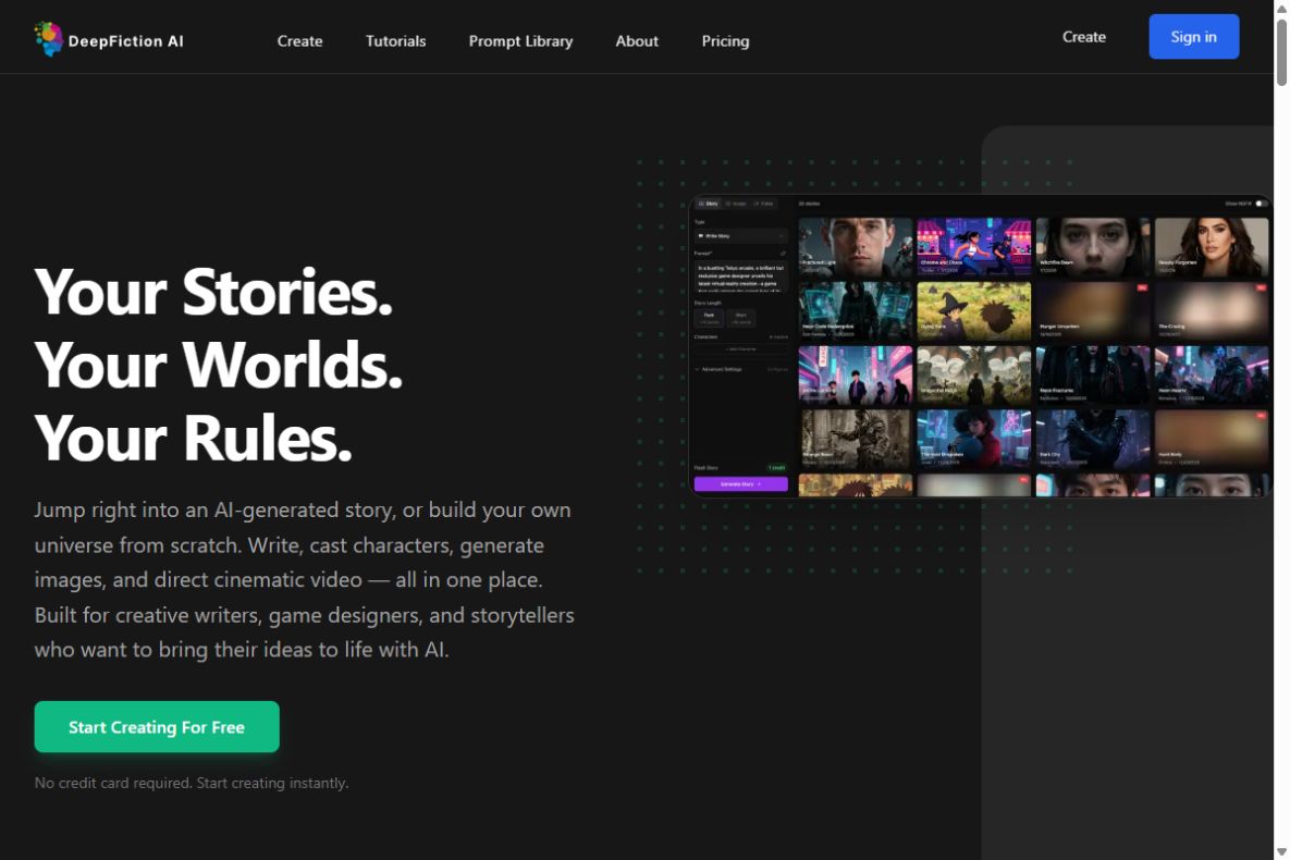 DeepFiction's current studio keeps story creation and its connected character, image and video tools inside one creative workspace.