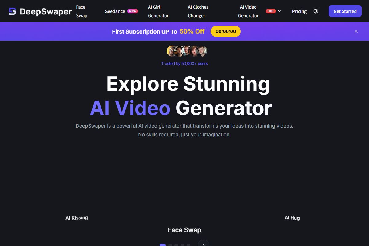 DeepSwaper's editor keeps the original upload and replacement face side by side, while the surrounding navigation now opens into a broader collection of AI video and image tools.