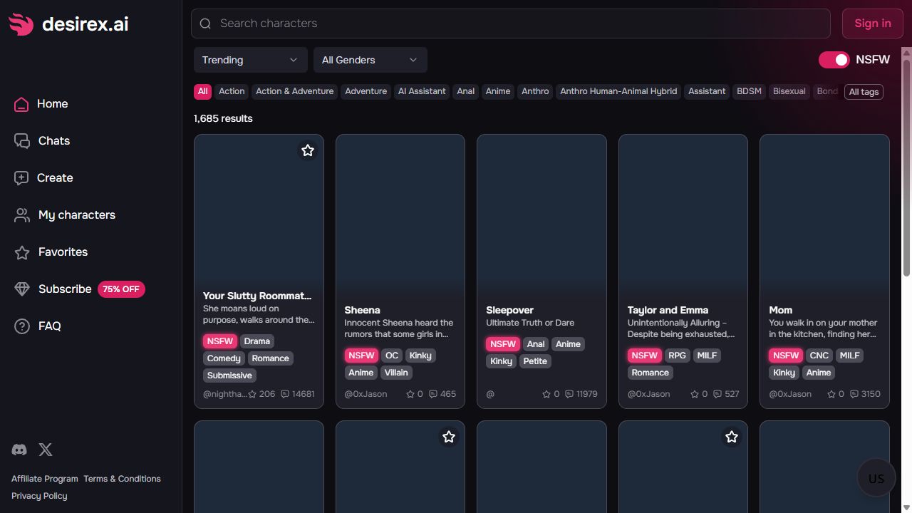 DesireX AI homepage displaying the character discovery feed with tag-based filtering across relationship, scenario, gender and kink categories.