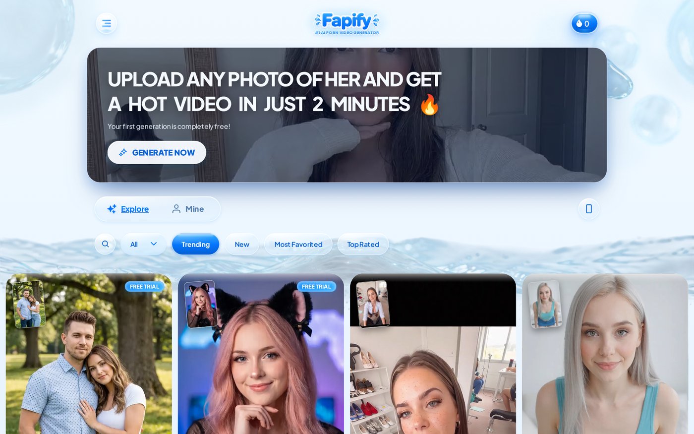 Fapify Explore: public AI porn templates grid, Generate Now hero, Trending filters, and free-trial template cards