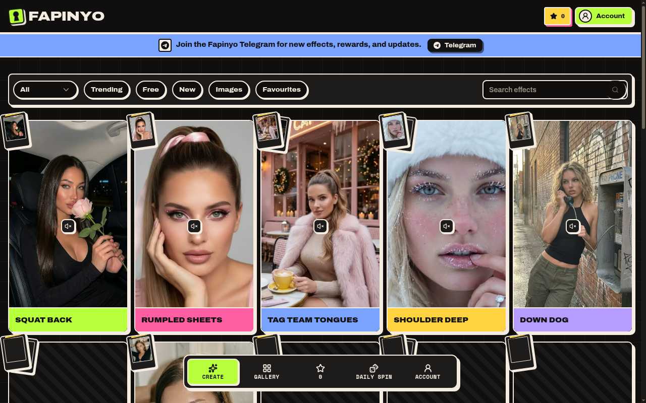 Fapinyo homepage effect grid with hundreds of adult photo-to-video templates