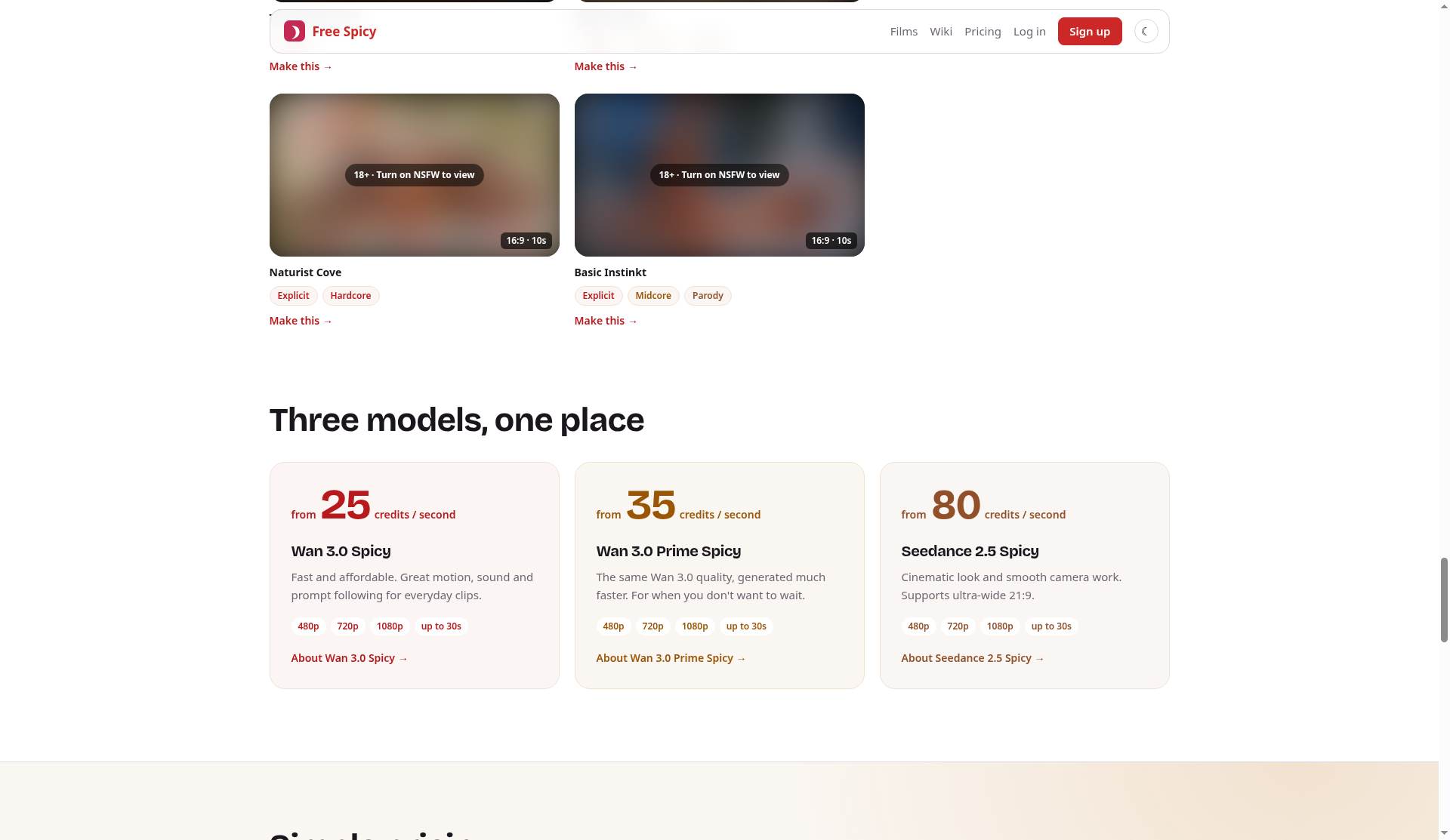 Free Spicy Create page: model picker, Explicitness control, scene details and live cost before you generate