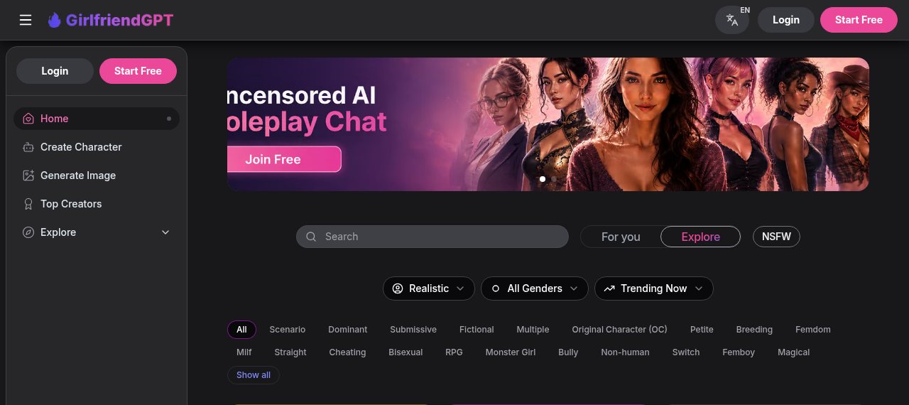 Início do GirlfriendGPT: feed Explore, filtros de estilo e género, etiquetas de cenário e barra lateral para criar personagens e gerar imagens