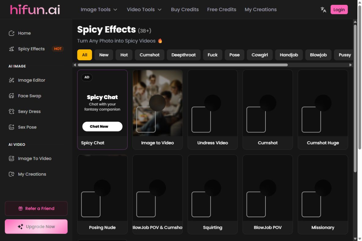 Hifun's Spicy Effects page looks more like a streaming catalog than a technical generator, with categories and visible action cards helping users select the motion they want.
