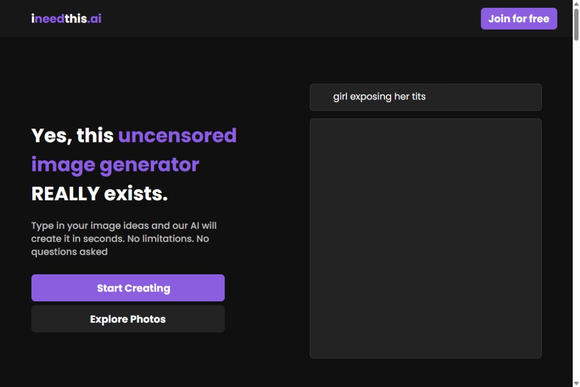 INeedThis.ai homepage displaying the prompt-based AI porn generator and example image carousel